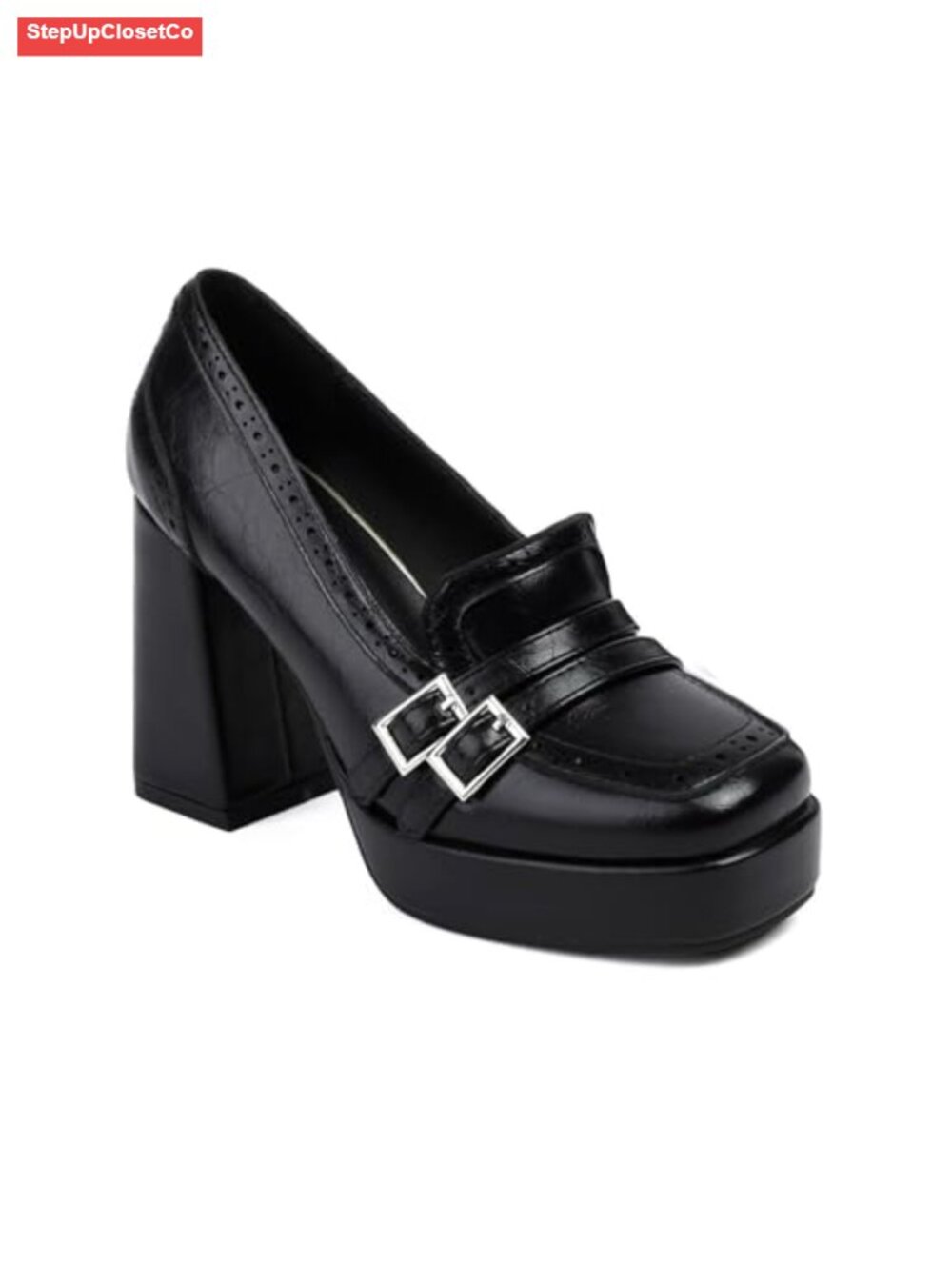Retro Square Toe Chunky High Heel Brogue Loafers Comfortable Slip On Platform